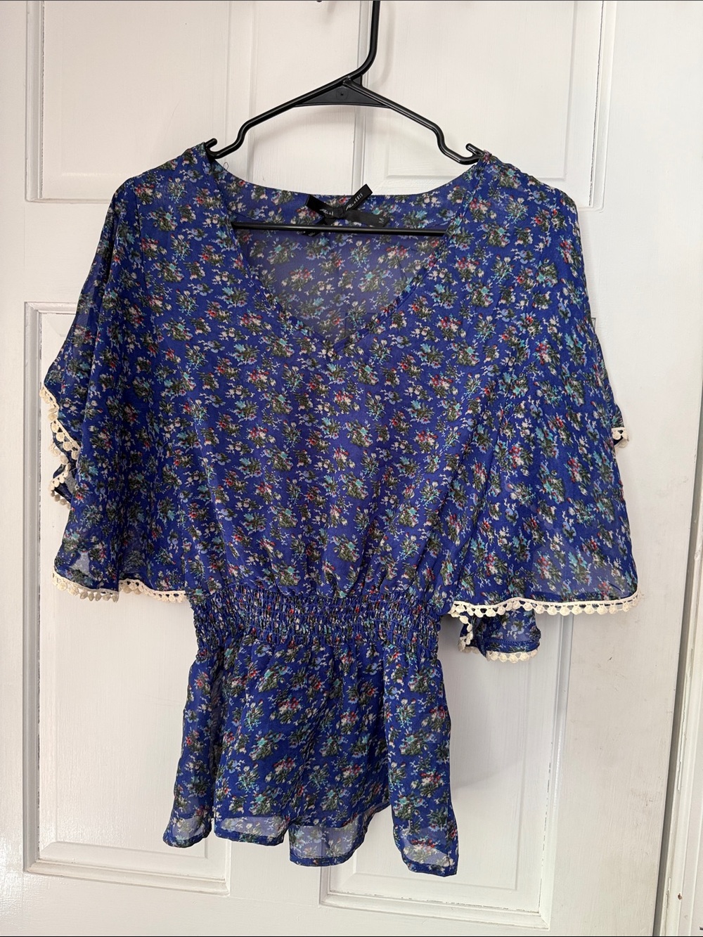 Ali & Kris Royal Blue Floral Smocked Waist Blouse with Crochet Trim